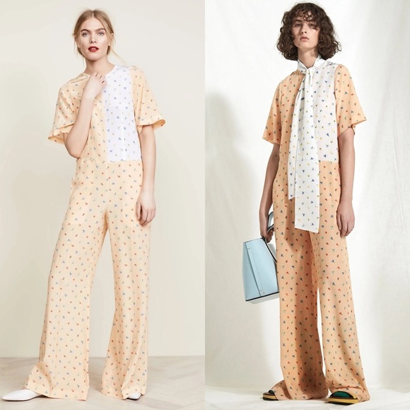 JOSEPH Silk Patchwork Colorblock Floral Print Short Sleeve Wide Leg Jumpsuit XS - Picture 1 of 9